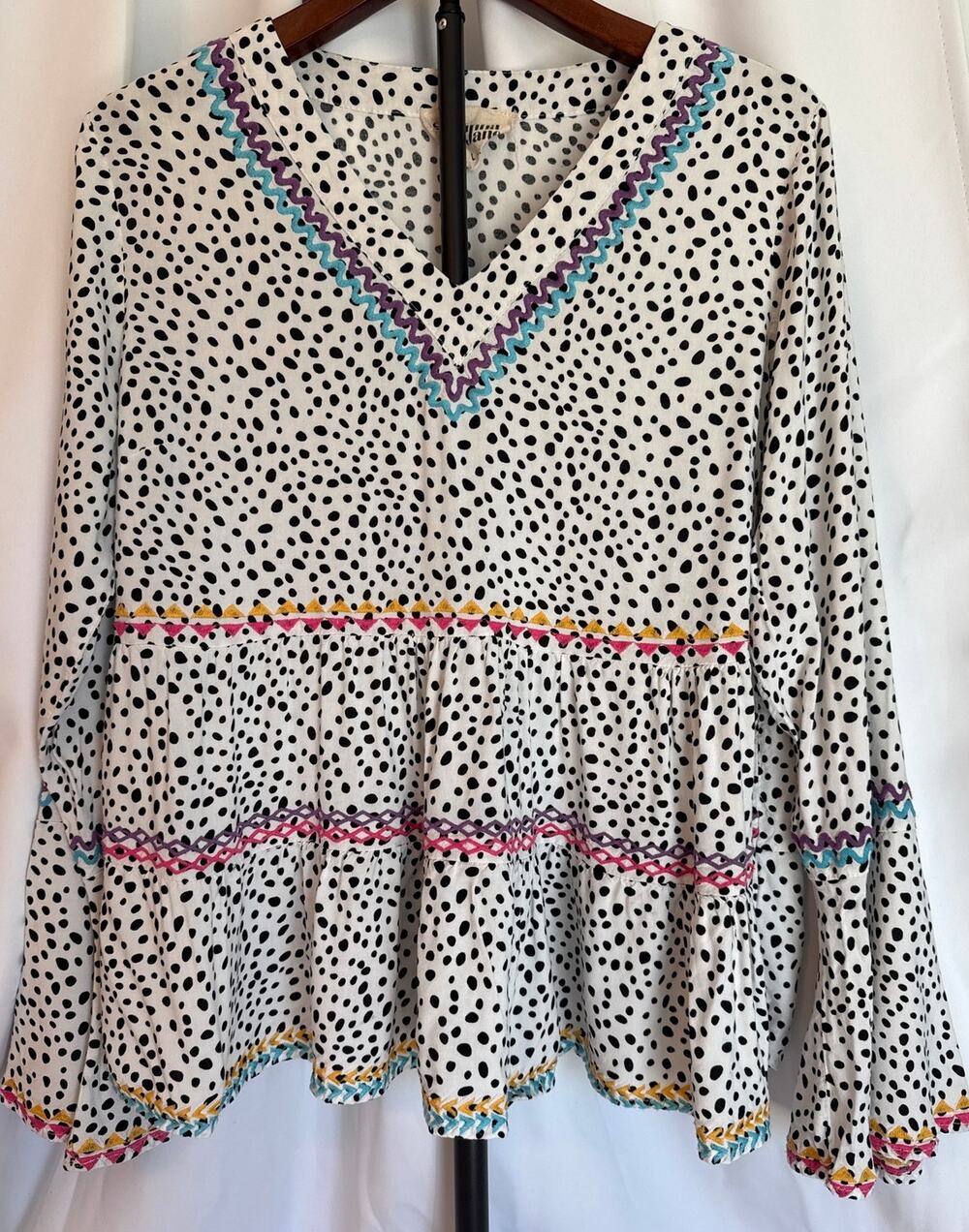 Women's Tiered Babydoll Blouse Polka Dots & Rick Rack Trim Size Large